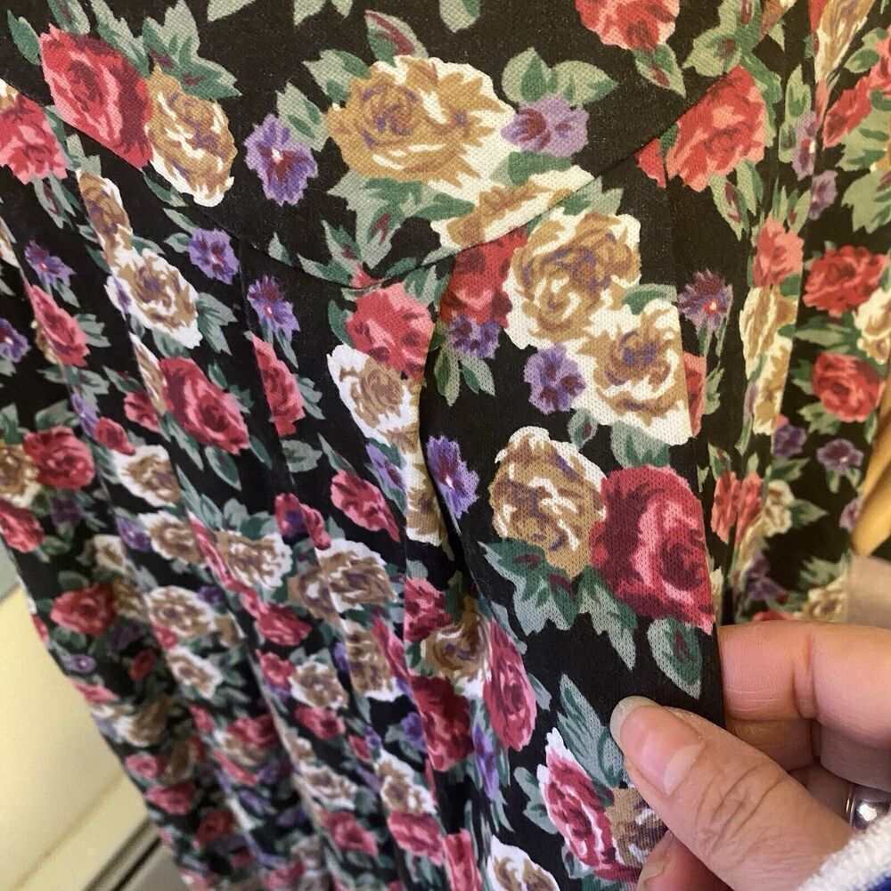 Vintage 80s Paquette Too! Red Black floral drop waist midi dress 14 Cottagecore - Picture 8 of 10